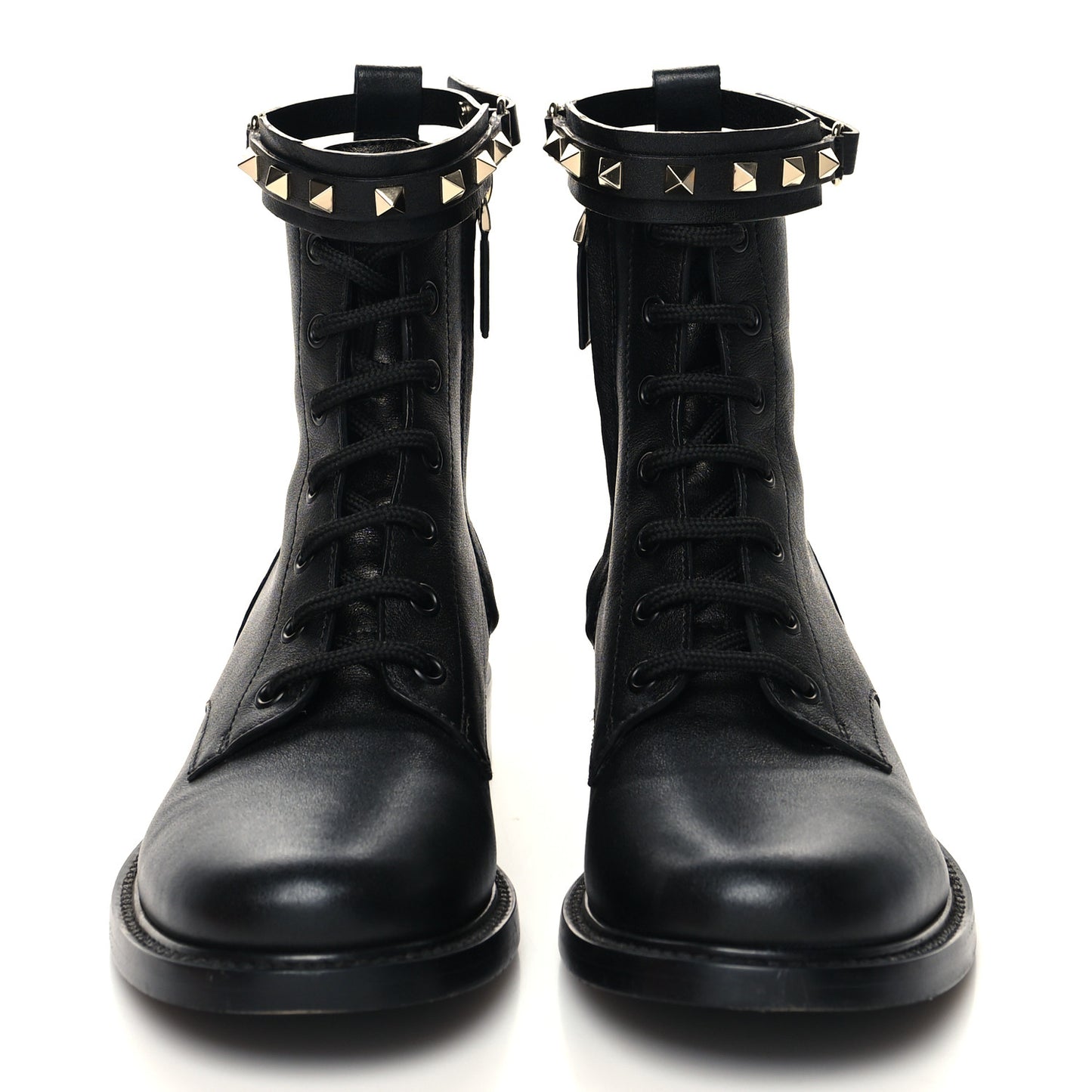 Calfskin Rockstud Combat Ankle Boots 37 Black