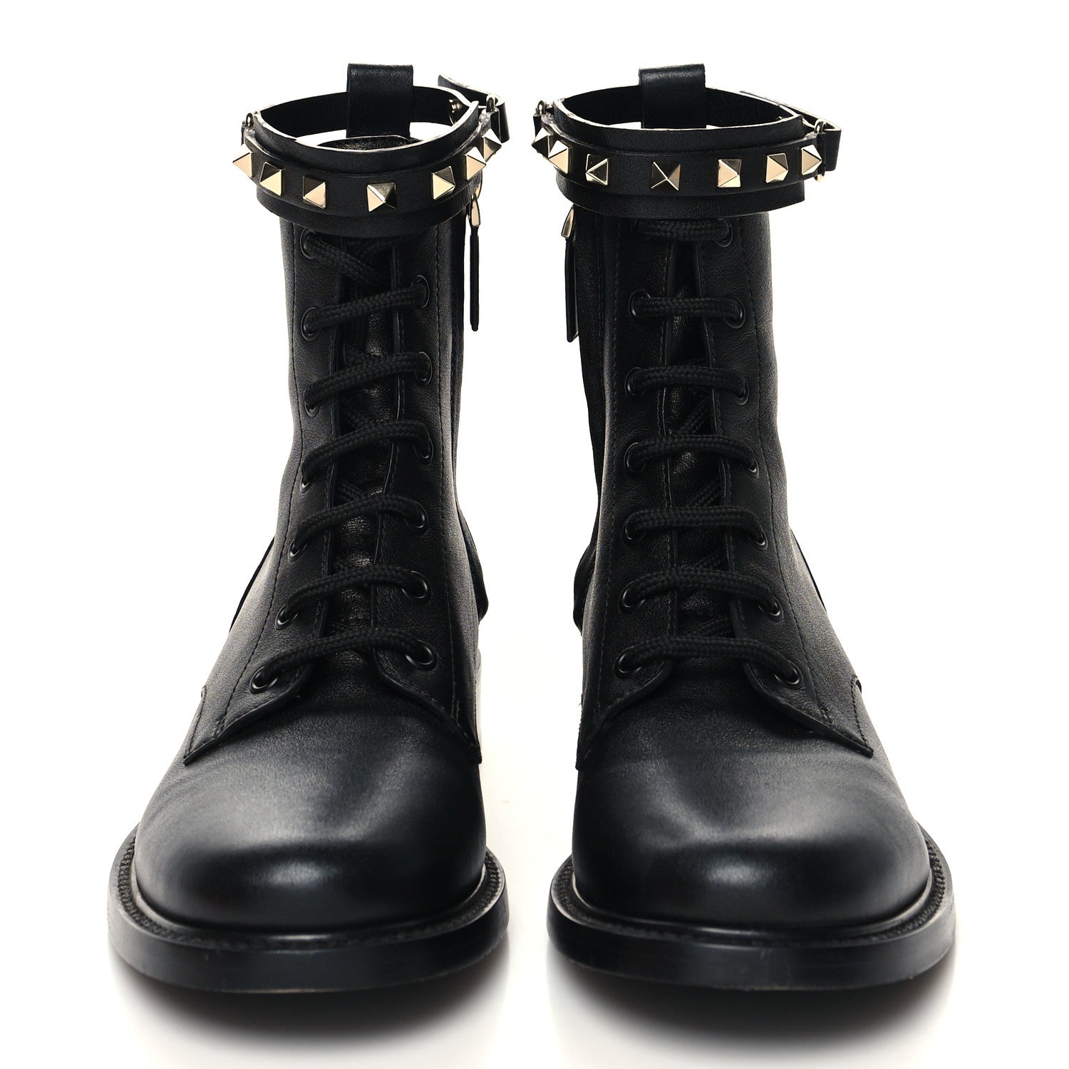 Valentino Garavani Calfskin Rockstud Combat Ankle Boots 37 Black 2 of 9
