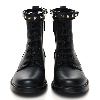 Valentino Garavani Calfskin Rockstud Combat Ankle Boots 37 Black 2 of 9