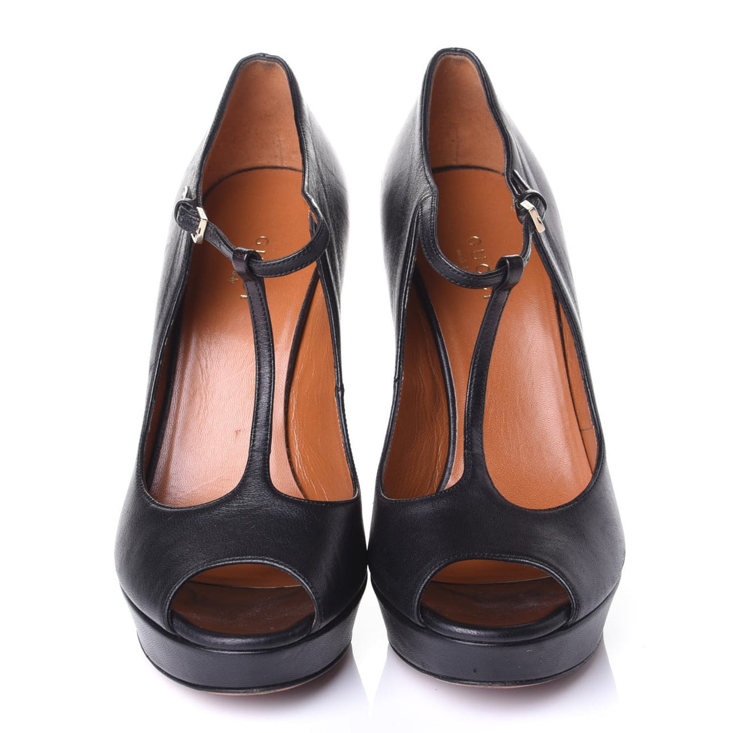 Calfskin T Strap Peep Toe Platform High Heel Pumps 37 Black