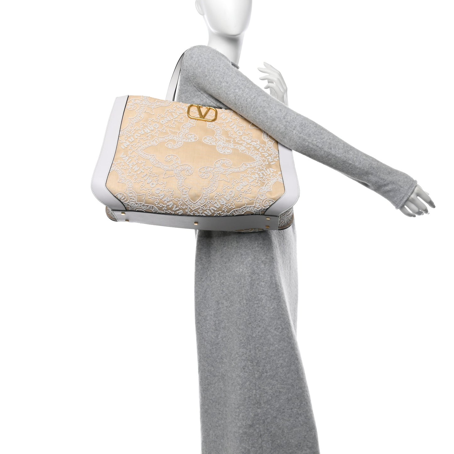 Linen Beaded Embroidered Bandana Print Vlogo Signature Tote Beige White