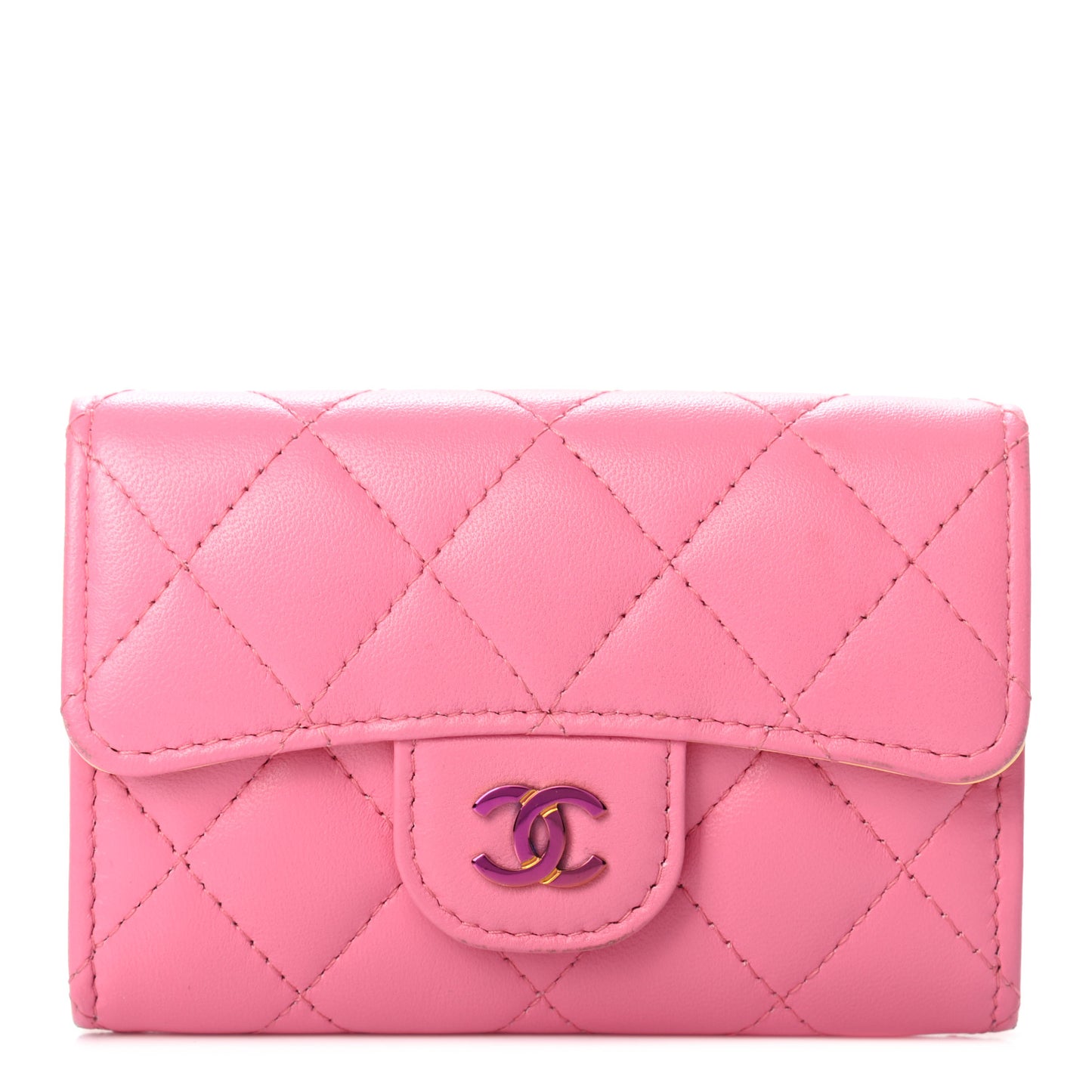Lambskin Quilted Flap Card Holder Wallet Pink Yellow