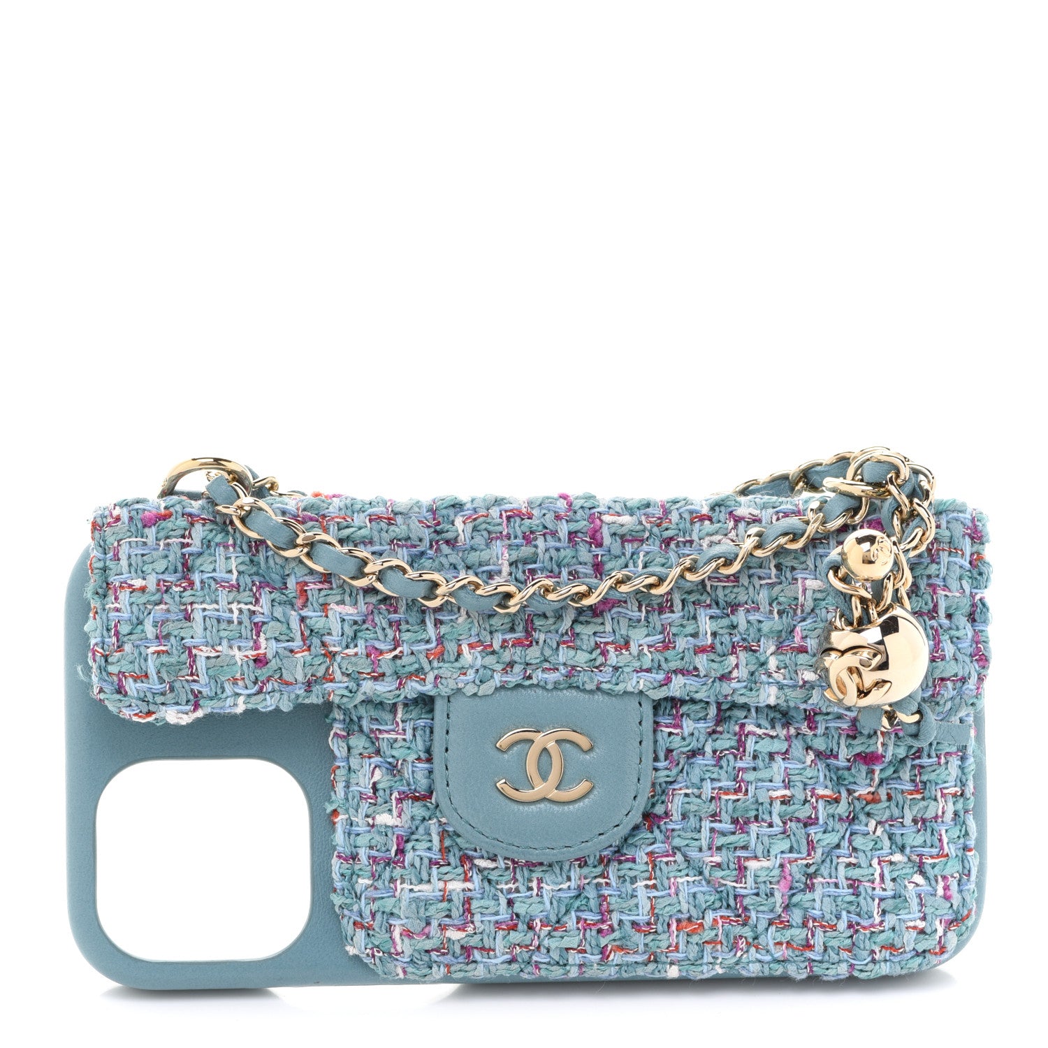 Chanel Tweed Quilted iPhone XII Pro Case With Chain Turquoise Purple White Red 1 of 9