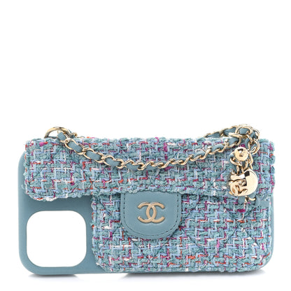 Chanel Tweed Quilted iPhone XII Pro Case With Chain Turquoise Purple White Red 1 of 9
