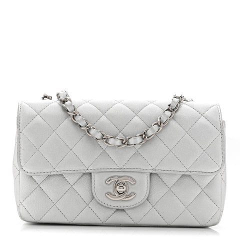 Metallic Lambskin Quilted Mini Rectangular Flap Silver