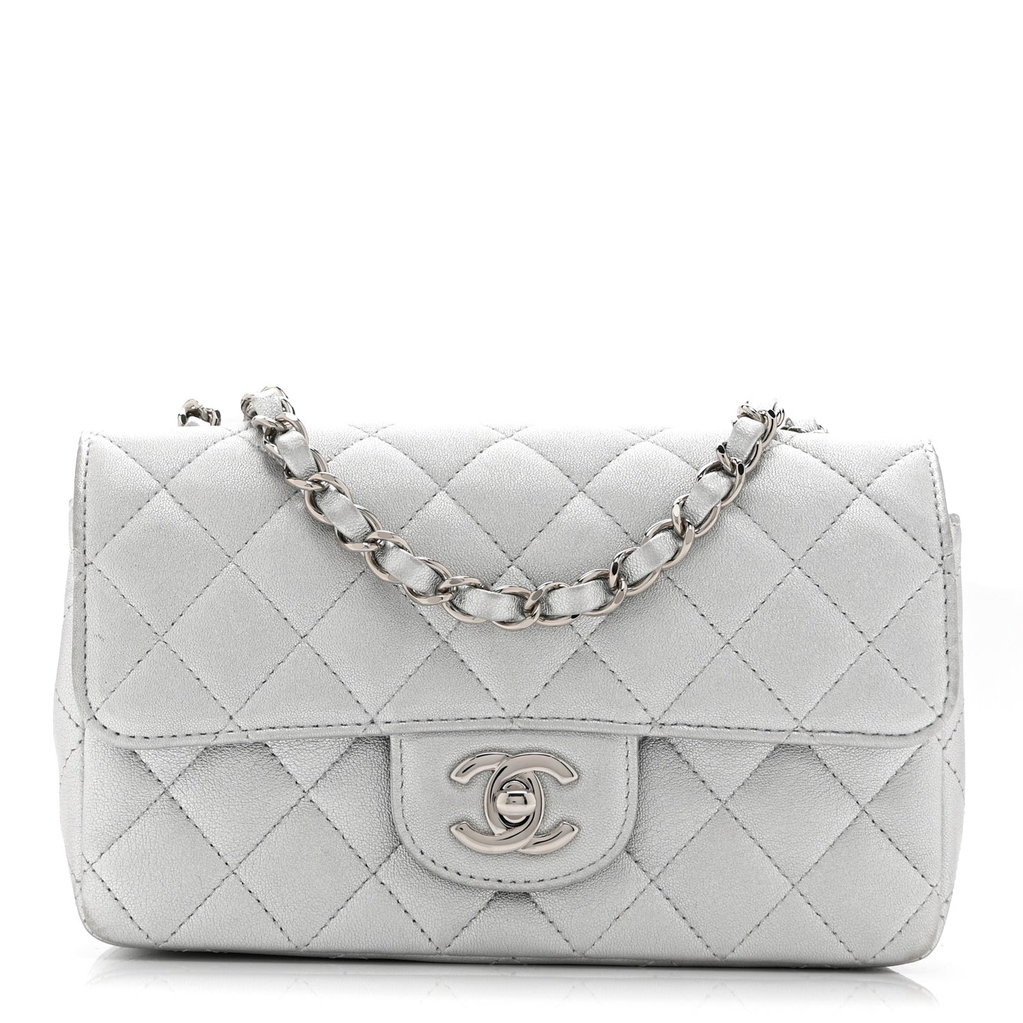 Metallic Lambskin Quilted Mini Rectangular Flap Silver
