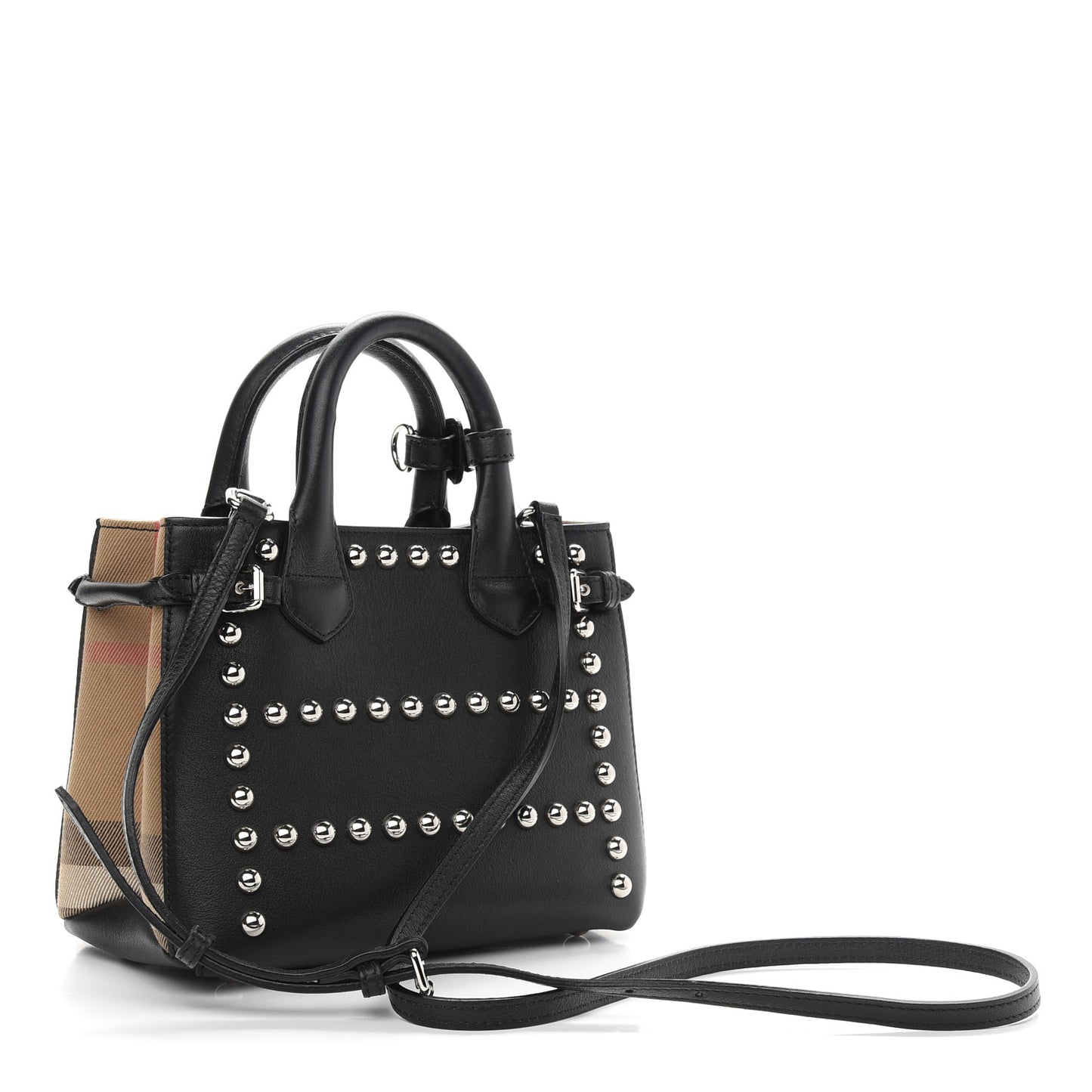 Pebbled Calfskin House Check Studded Baby Banner Tote Black