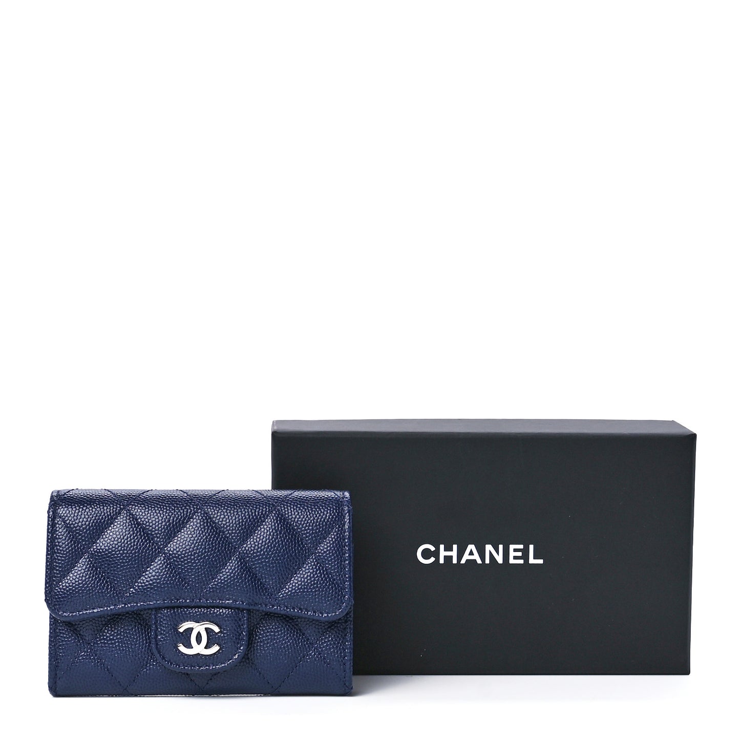 Caviar Quilted Flap Card Holder Navy Blue