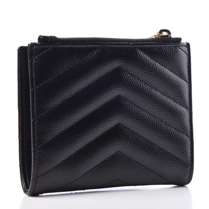 Saint Laurent Grain De Poudre Matelasse Chevron Monogram Zipped Card Case Black 3 of 8