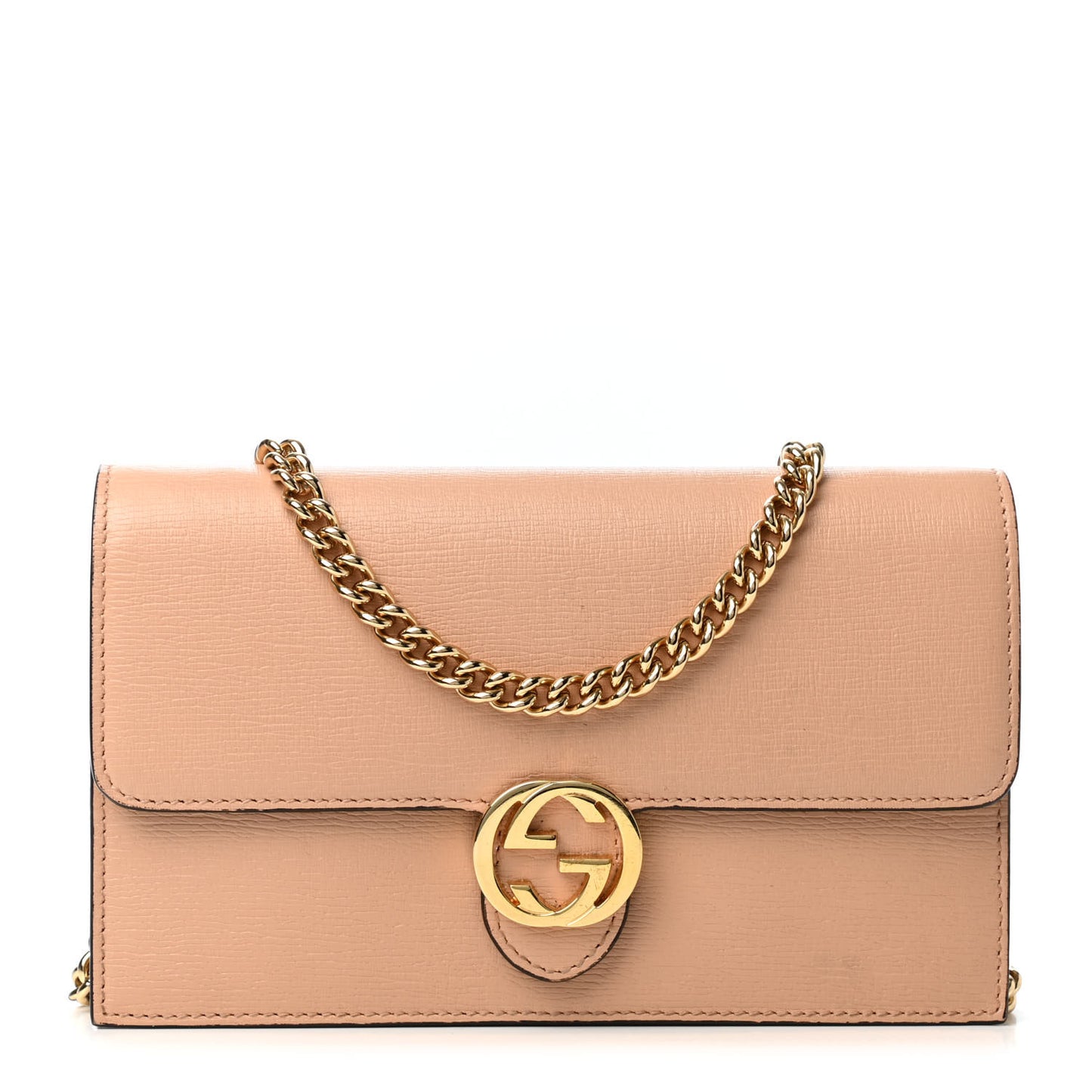 Textured Calfskin Icon Chain Wallet Pink Apricot