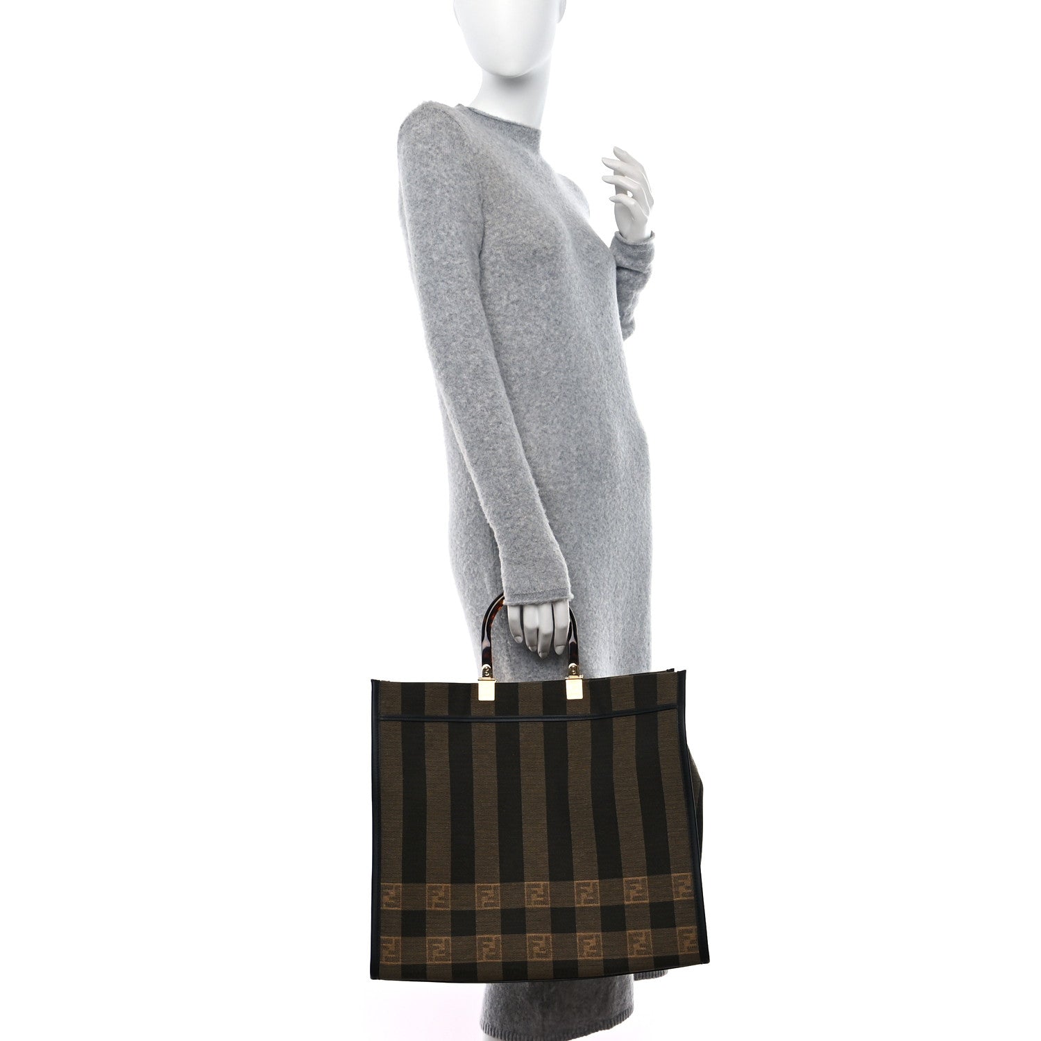 Fendi Fabric Jacquard Vitello Seta Plexiglass Pequin Gingham Large Sunshine Shopper Tote Tobacco Moro Black 2 of 11
