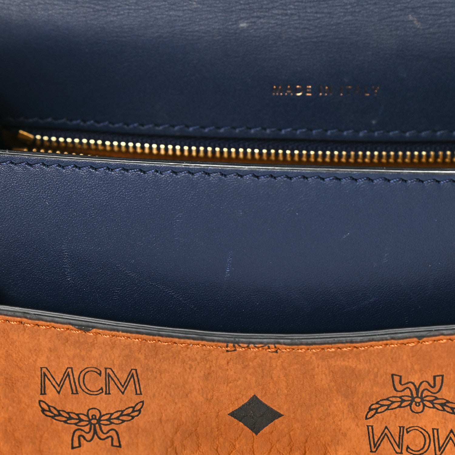 MCM Visetos Small Patricia Block Satchel Cognac Navy Black 11 of 11
