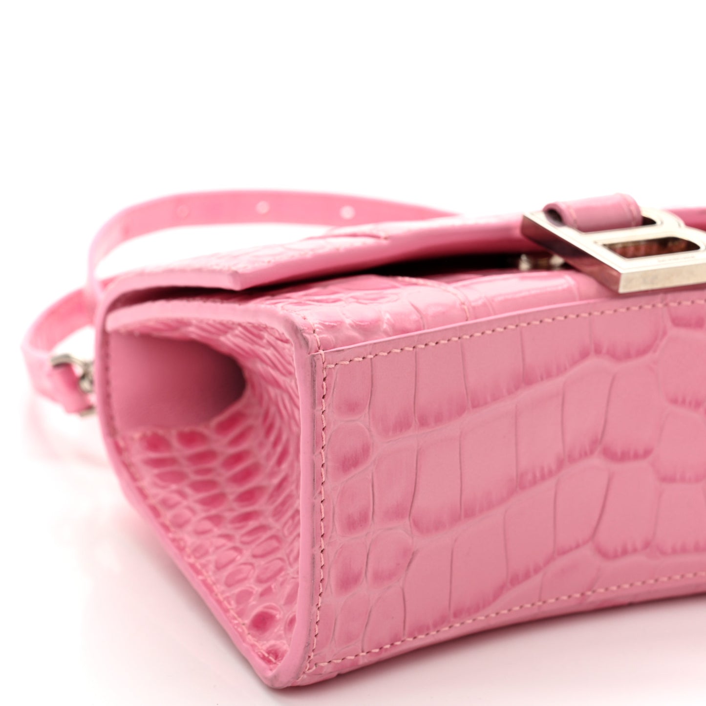 Shiny Calfskin Crocodile Embossed Hourglass Top Handle Bag XS Pink