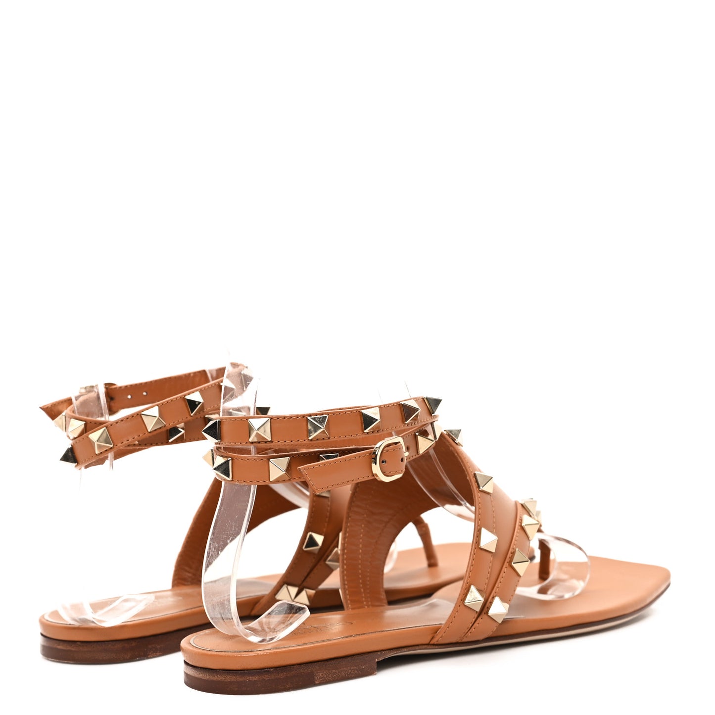 Calfskin Rockstud Ankle Wrap Flat Thong Sandals 37 Brown