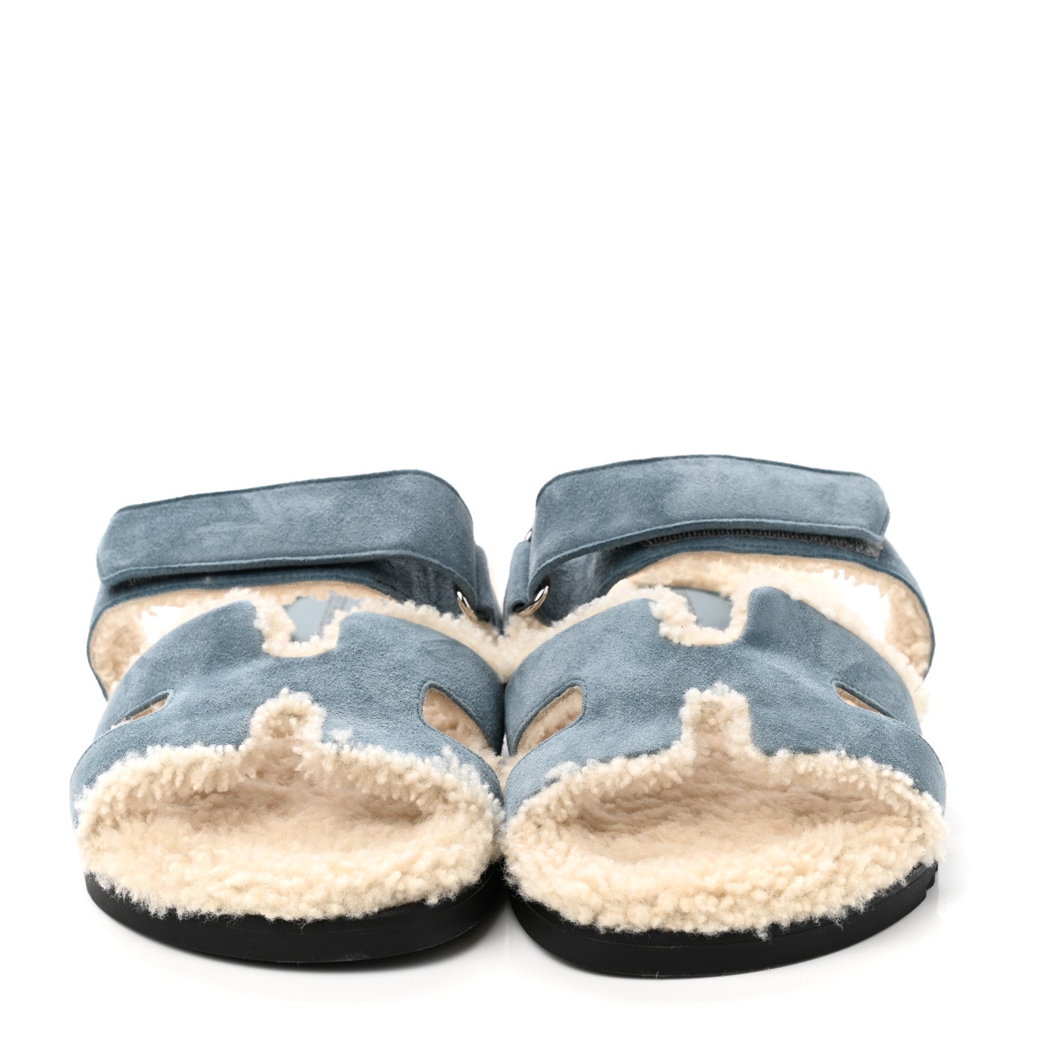 Hermes Suede Goatskin Woolskin Womens Chypre Sandals 39 Bleu Pinede Ecru 4 of 10