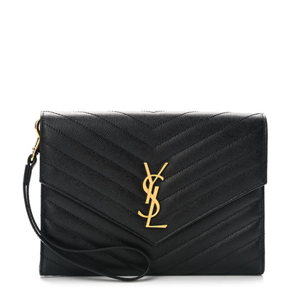 Saint Laurent Grain De Poudre Matelasse Chevron Monogram Envelope Clutch Black 1 of 10
