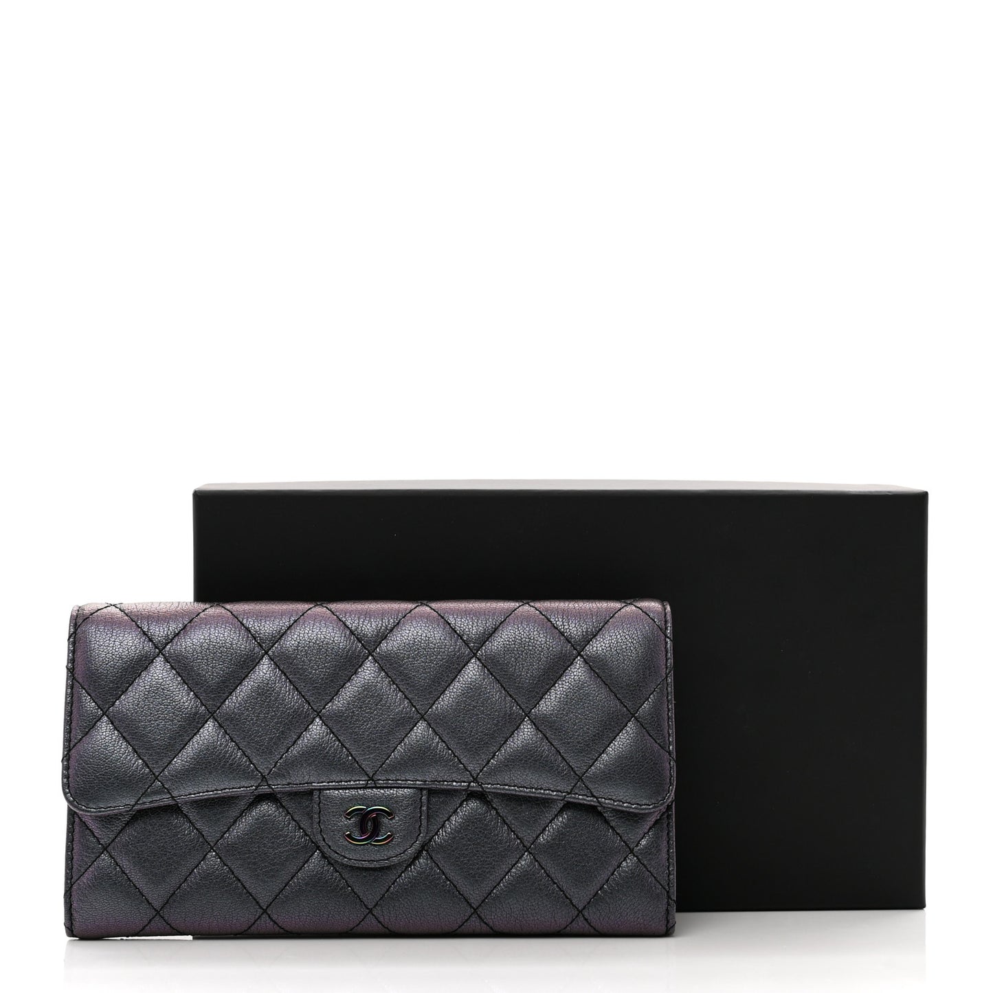 Iridescent Goatskin Quilted Large Flap Wallet Purple