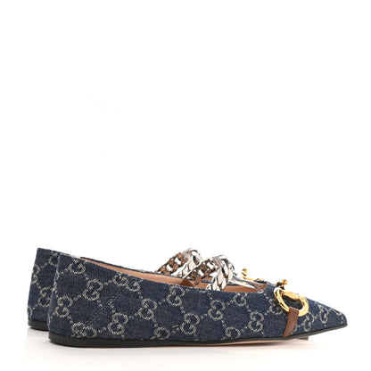 Gucci New Denim GG Monogram Nappa Deva Horsebit Chain Embellished Flats 37.5 Blue Tea Cuir Epilog 4 of 9