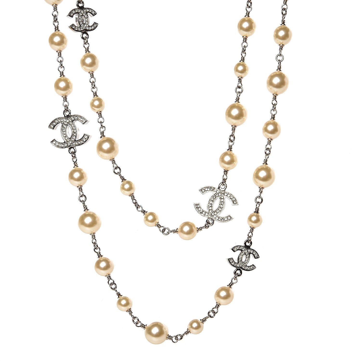 Chanel Crystal Pearl CC Long Necklace Silver 1 of 5