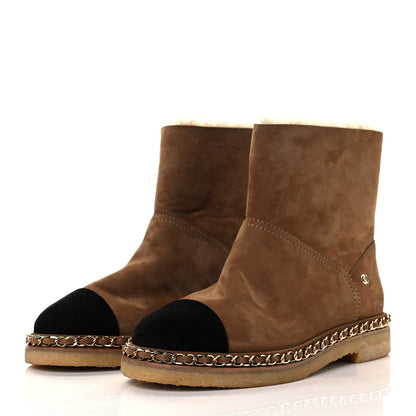 Chanel Kid Suede Shearling Womens Cap Toe Chain Short Boots 37 Light Brown Black 6 of 12
