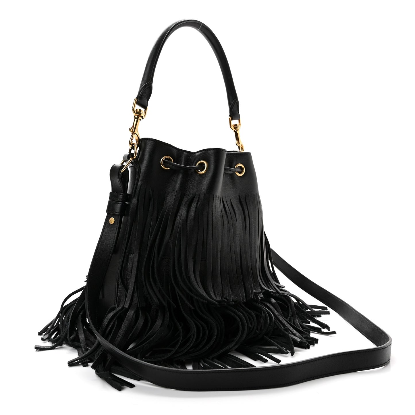 Calfskin Small Emmanuelle Fringe Bucket Bag Black