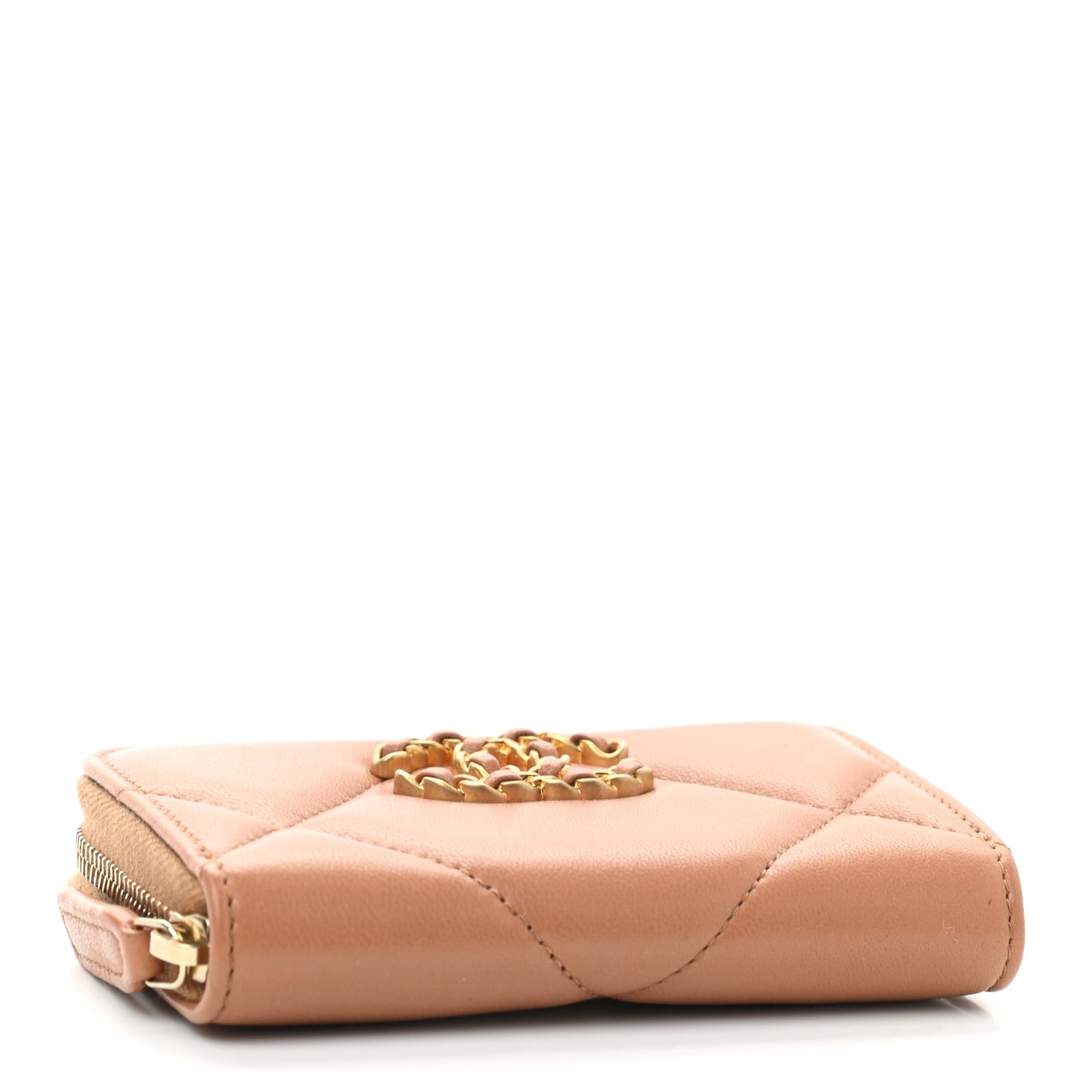 Lambskin Quilted Chanel 19 Zip Around Coin Purse Wallet Brown