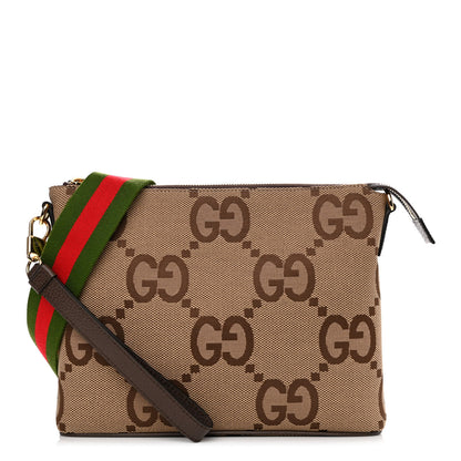 Gucci Monogram Jumbo GG Textured Dollar Calfskin Web Wristlet Messenger Bag Camel Ebony New Acero 1 of 10