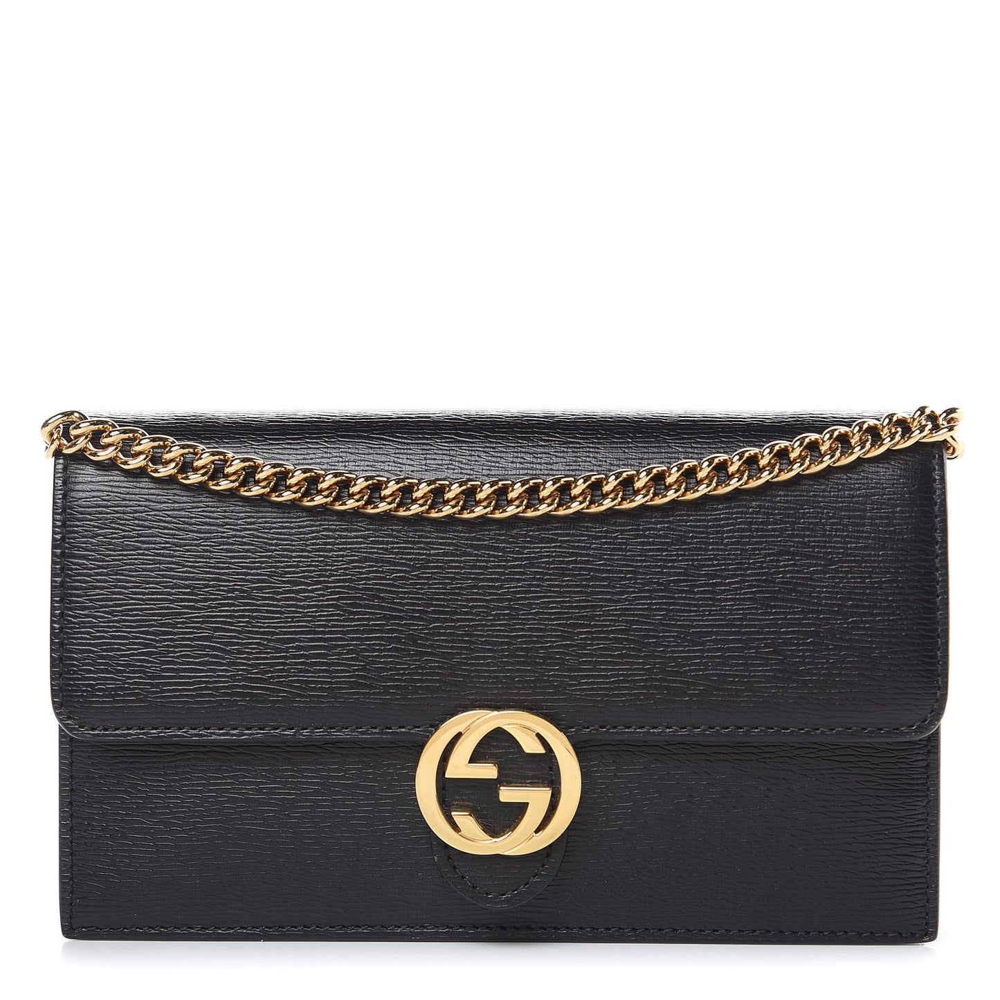 Textured Calfskin Icon Chain Wallet Black