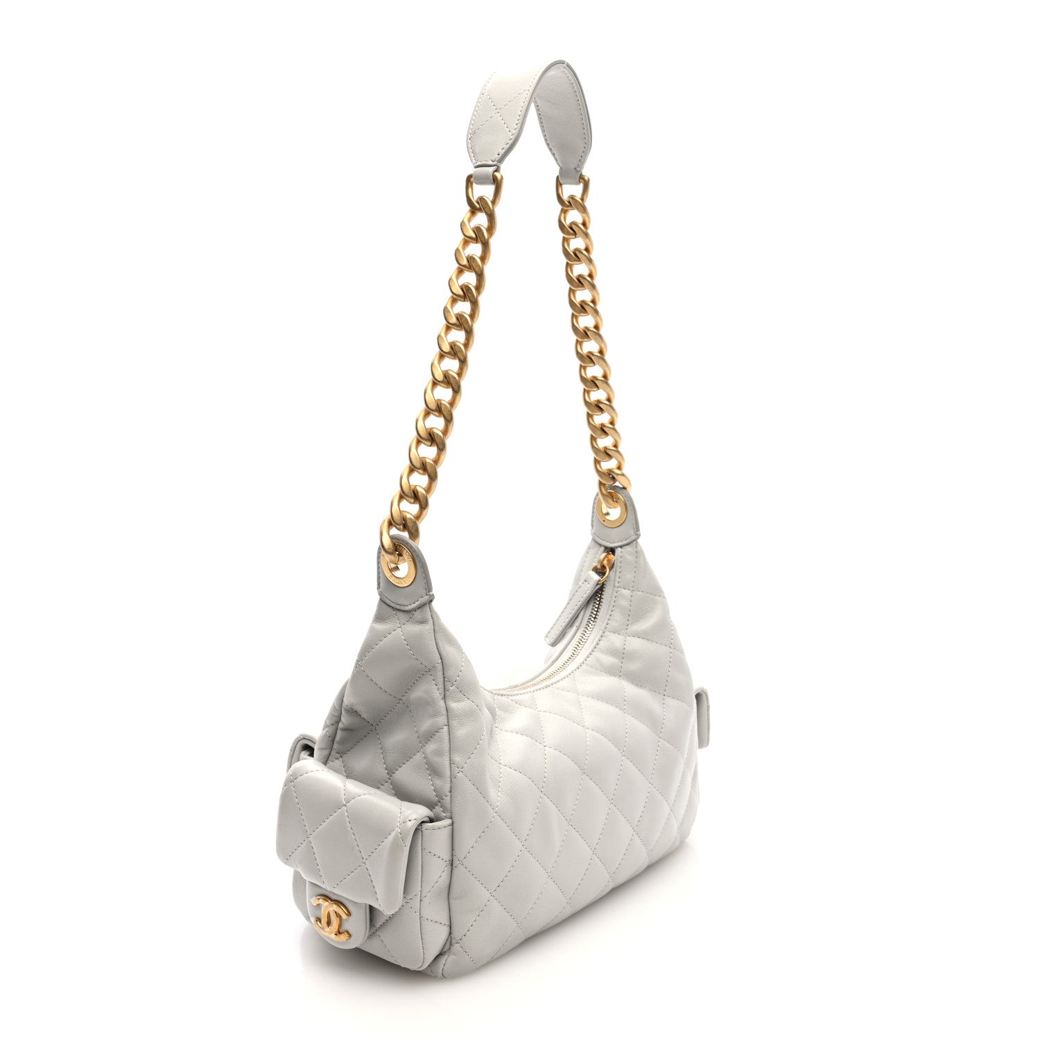 Chanel Shiny Lambskin Quilted Large Trendy Pockets Hobo Light Grey 3 of 10