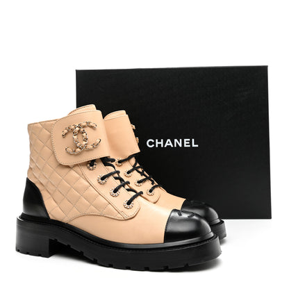 Chanel Lambskin Calfskin Quilted Lace Up Combat Boots 41 Beige Black 16 of 16
