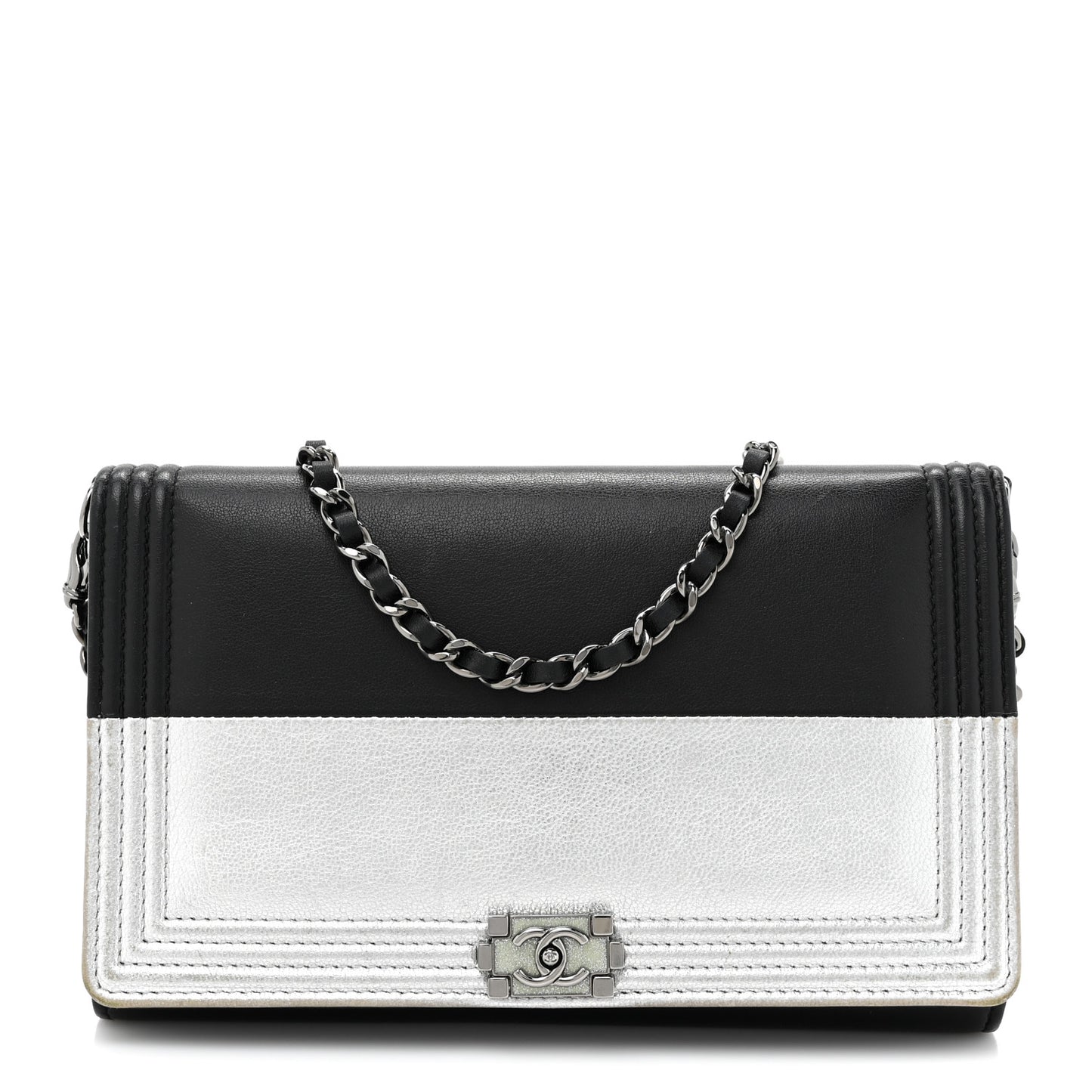 Metallic Goatskin Boy Wallet On Removable Chain WOC Black Silver