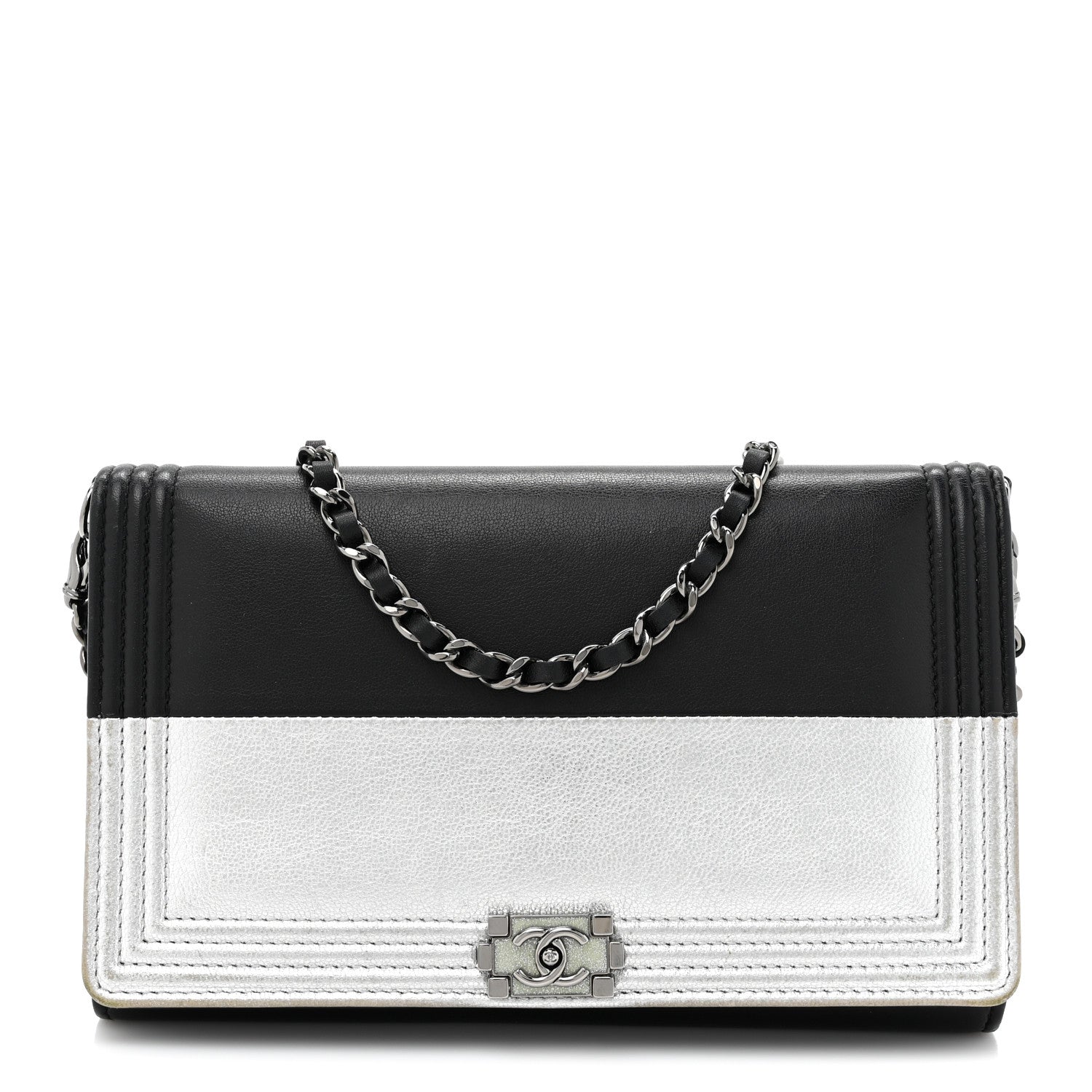 Chanel Metallic Goatskin Boy Wallet On Removable Chain WOC Black Silver 1 of 19