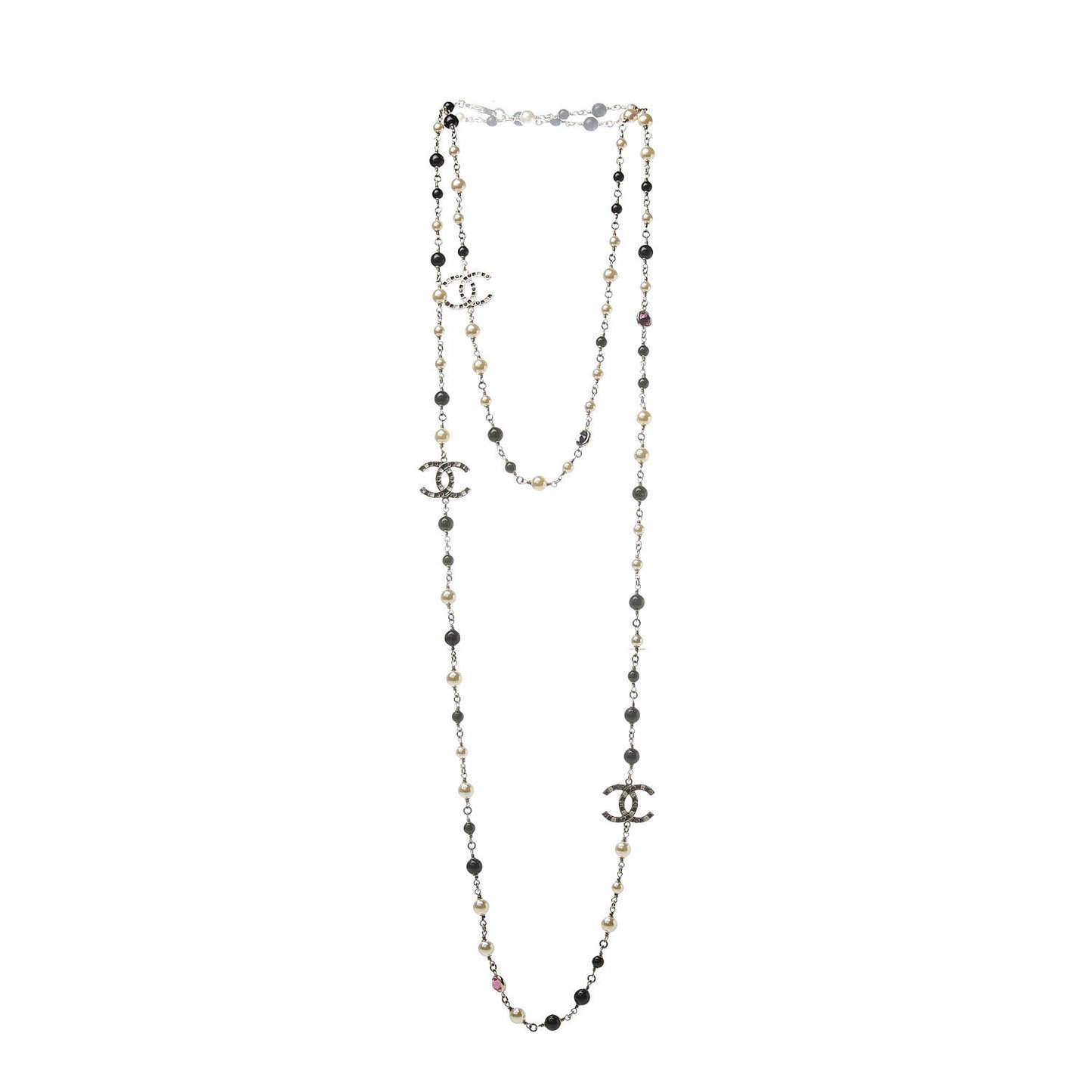 Pearl Crystal Bead CC Long Necklace Gold Black White Pink