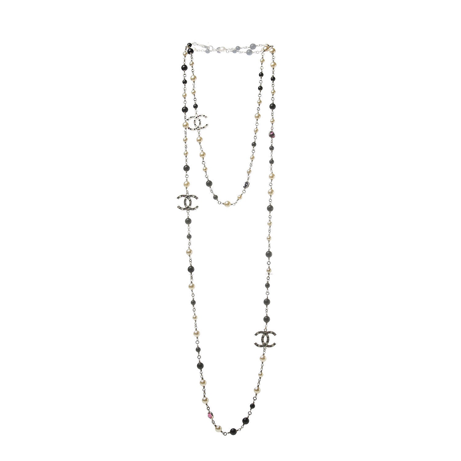 Chanel Pearl Crystal Bead CC Long Necklace Gold Black White Pink 3 of 5