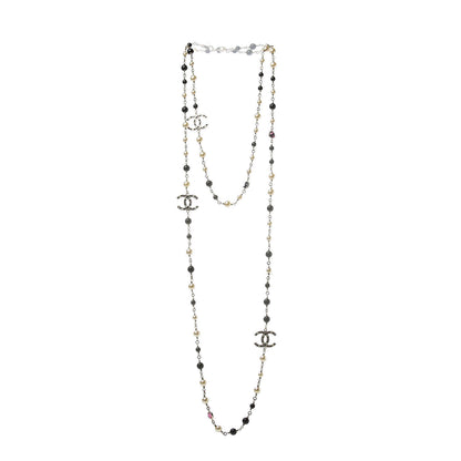 Chanel Pearl Crystal Bead CC Long Necklace Gold Black White Pink 3 of 5