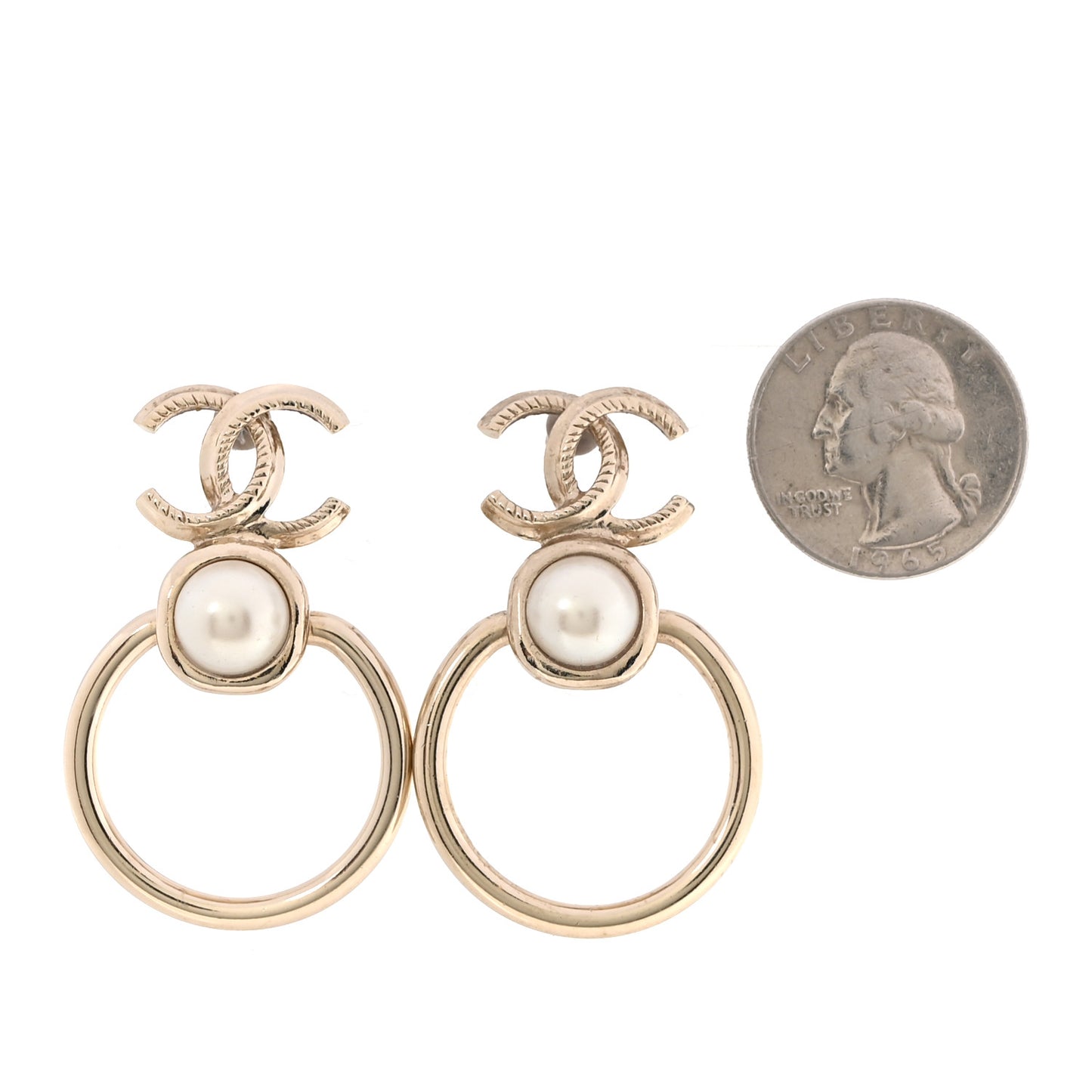 Metal Pearl CC Hoop Drop Earrings Gold