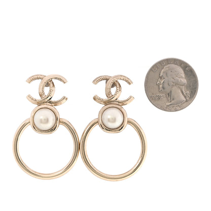 Chanel Metal Pearl CC Hoop Drop Earrings Gold 2 of 5