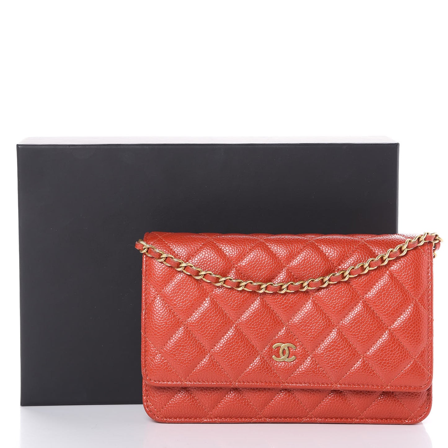 Pearly Caviar Quilted Wallet On Chain WOC Orange