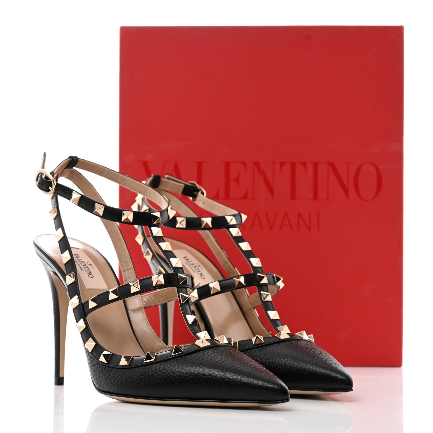Valentino Garavani Pebbled Calfskin Rockstud Ankle Strap 100mm Pumps 40 Black 9 of 9