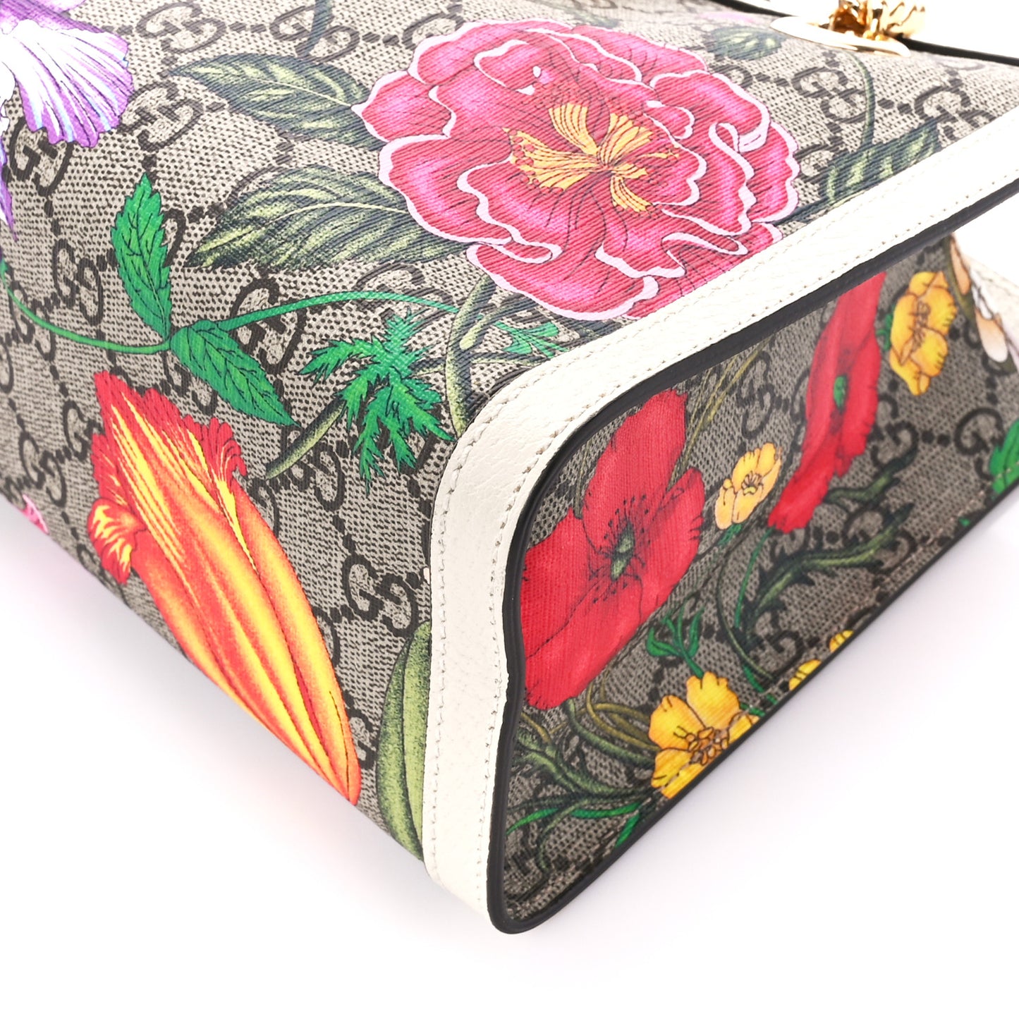 GG Supreme Monogram Flora Textured Calfskin Small Padlock Tote Beige Ebony Multicolor Mystic White