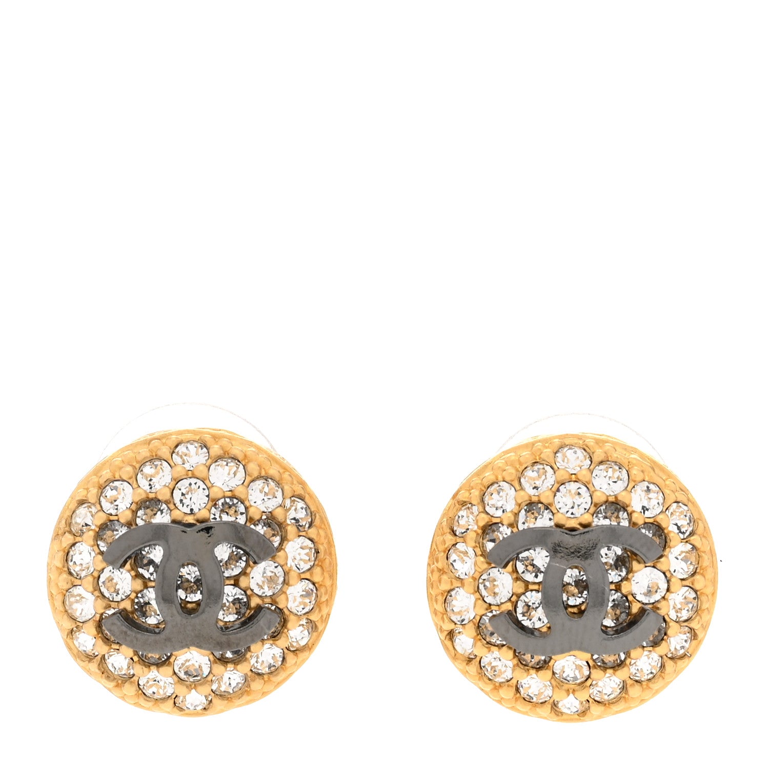 Chanel Metal Crystal CC Round Earrings Gold Ruthenium 1 of 5