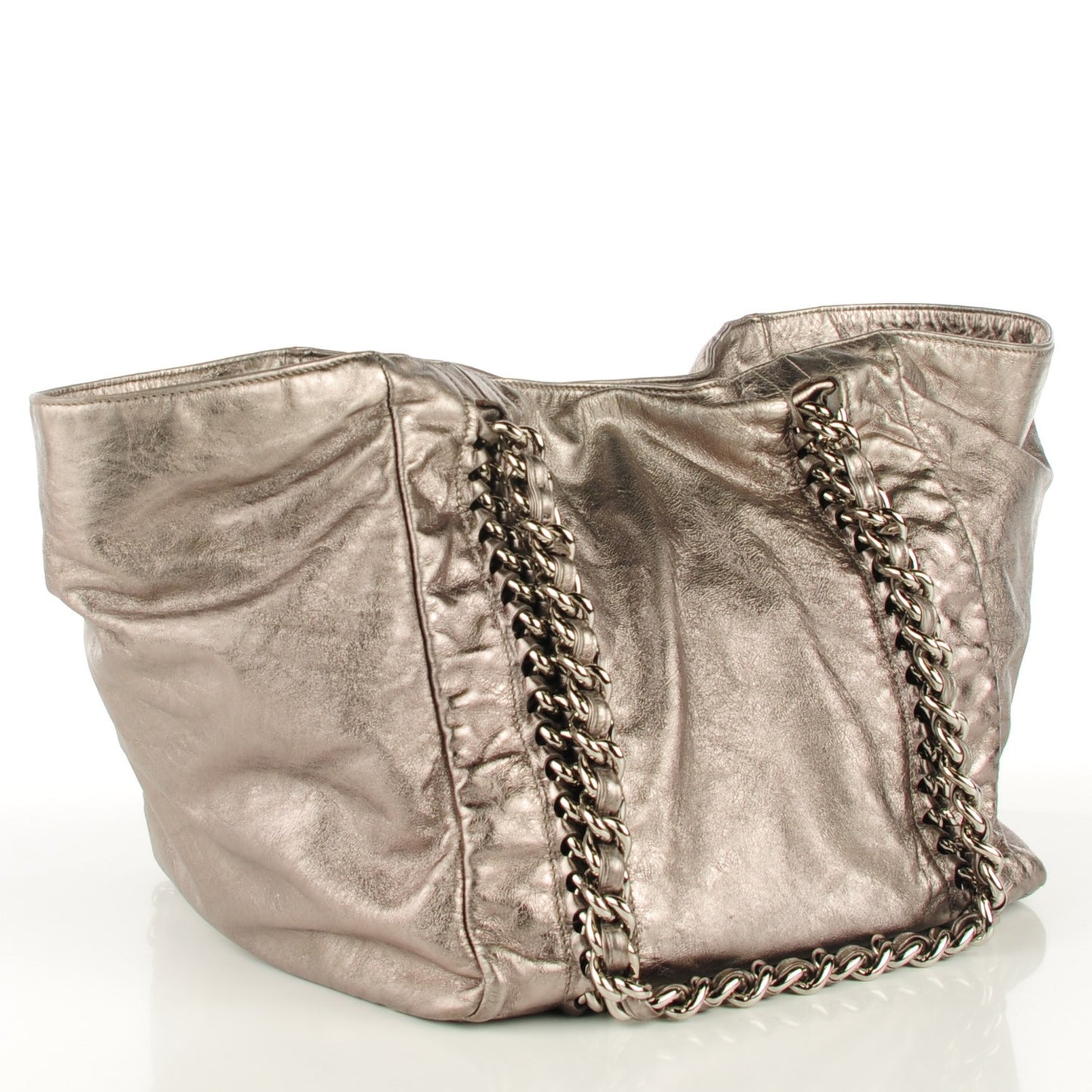 Metallic Cracked Calfskin Modern Chain Tote Dark Silver