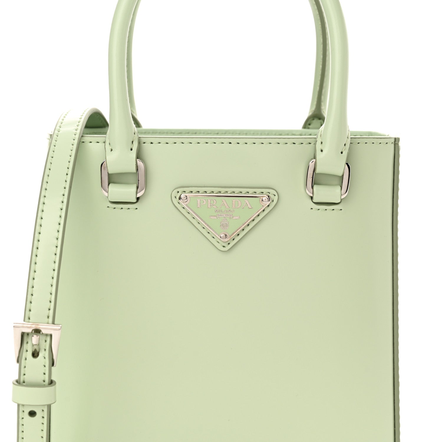 Prada Spazzolato Metal Triangle Logo Small Double Handle Crossbody Tote Acqua 8 of 10