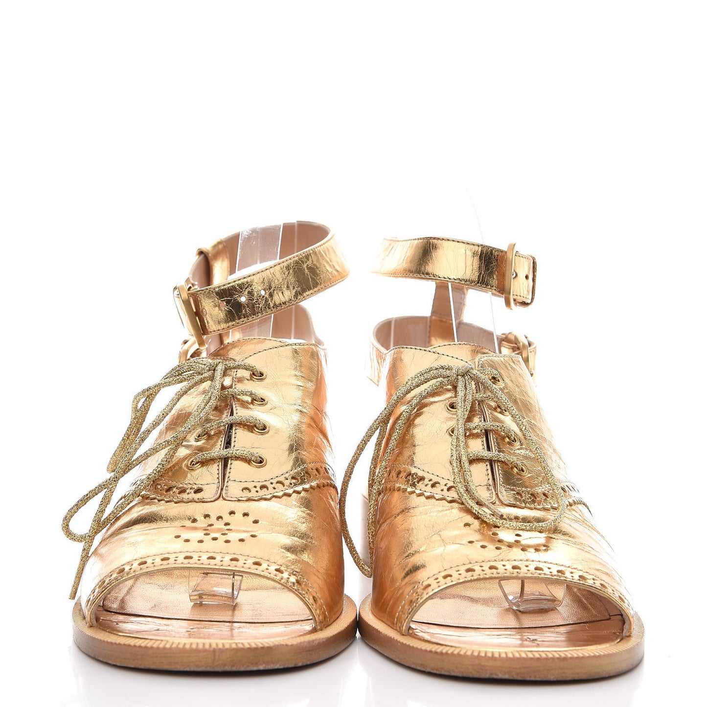 Metallic Calfskin CC Brogue Lace Up Ankle Strap Oxford Peep Toe Sandals 38 Gold