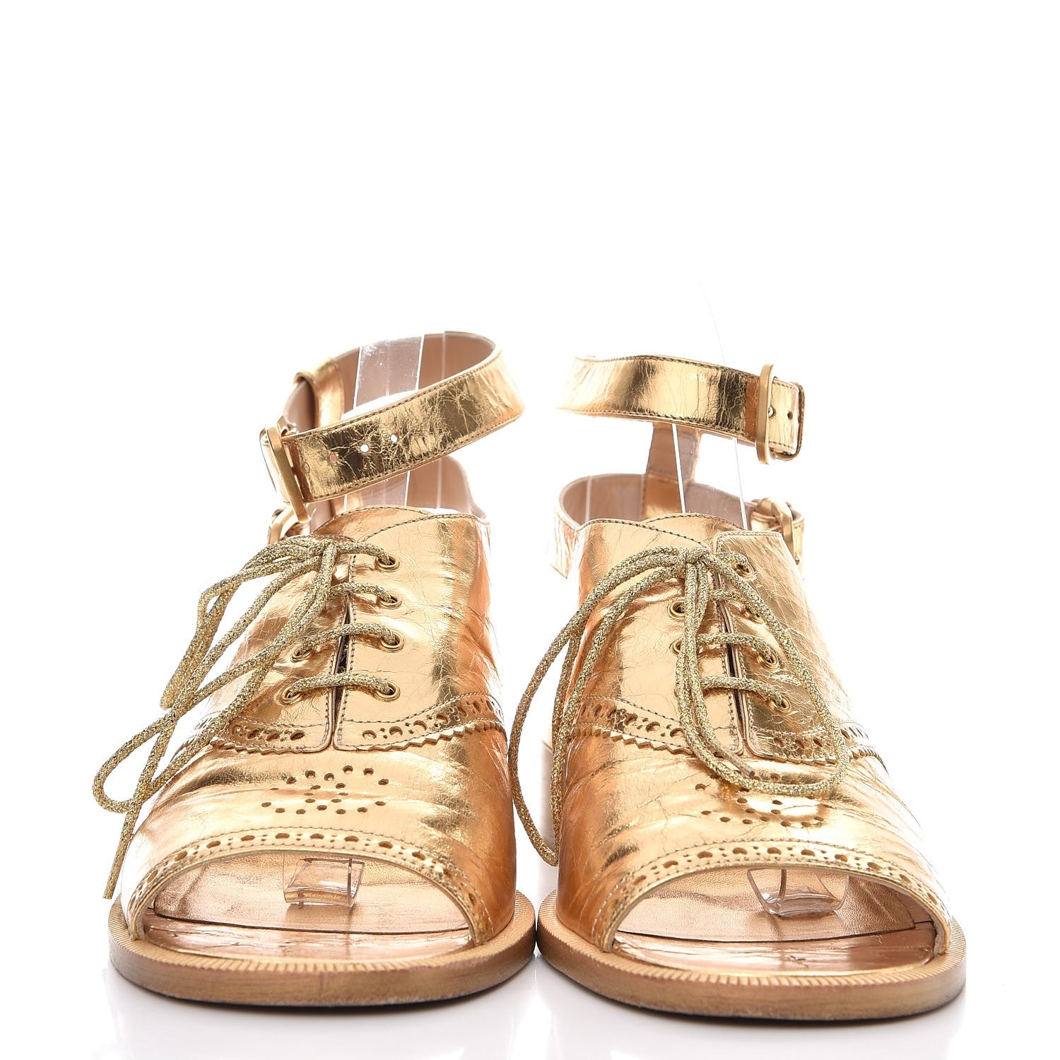 Chanel Metallic Calfskin CC Brogue Lace Up Ankle Strap Oxford Peep Toe Sandals 38 Gold 2 of 10