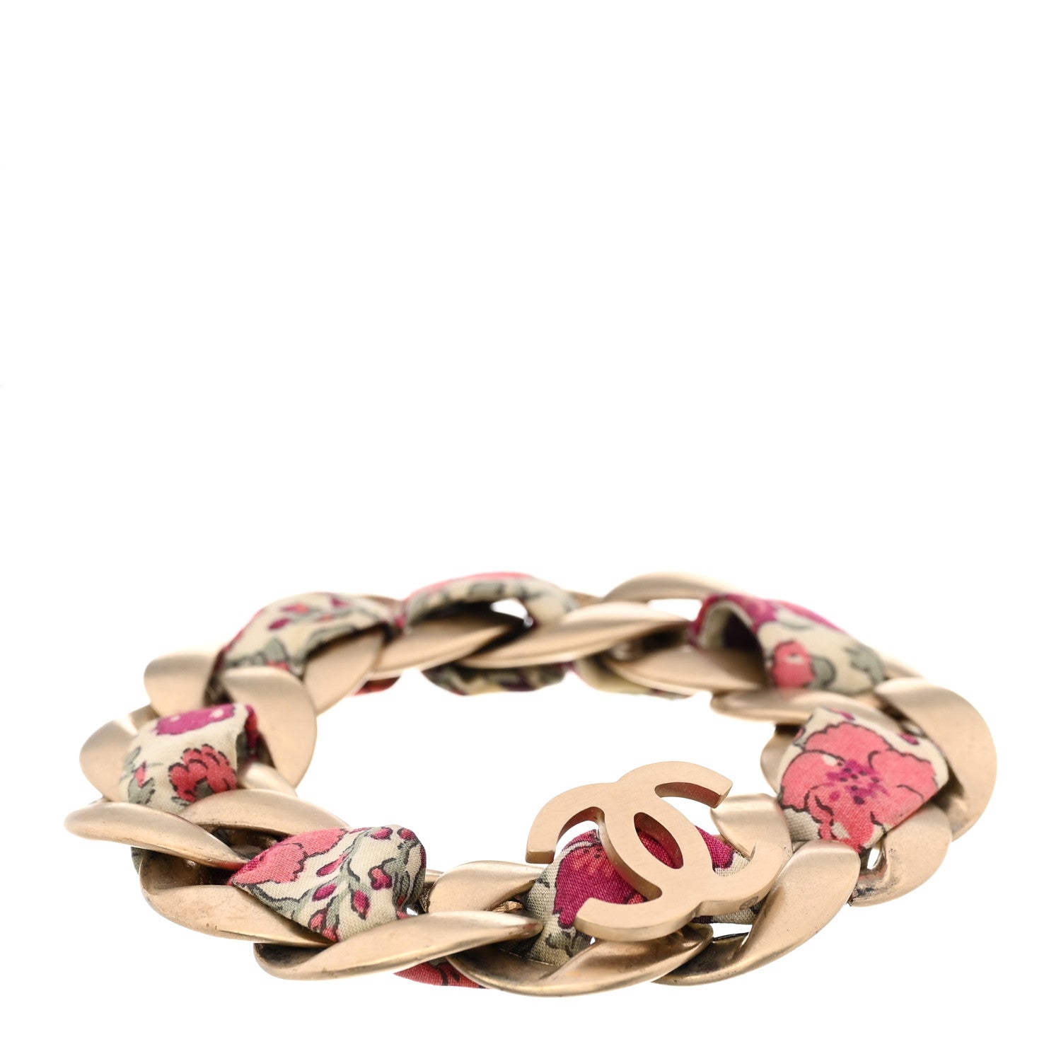 Chanel Fabric Floral Chain Link CC Chain Bracelet Gold Pink Multicolor 1 of 7
