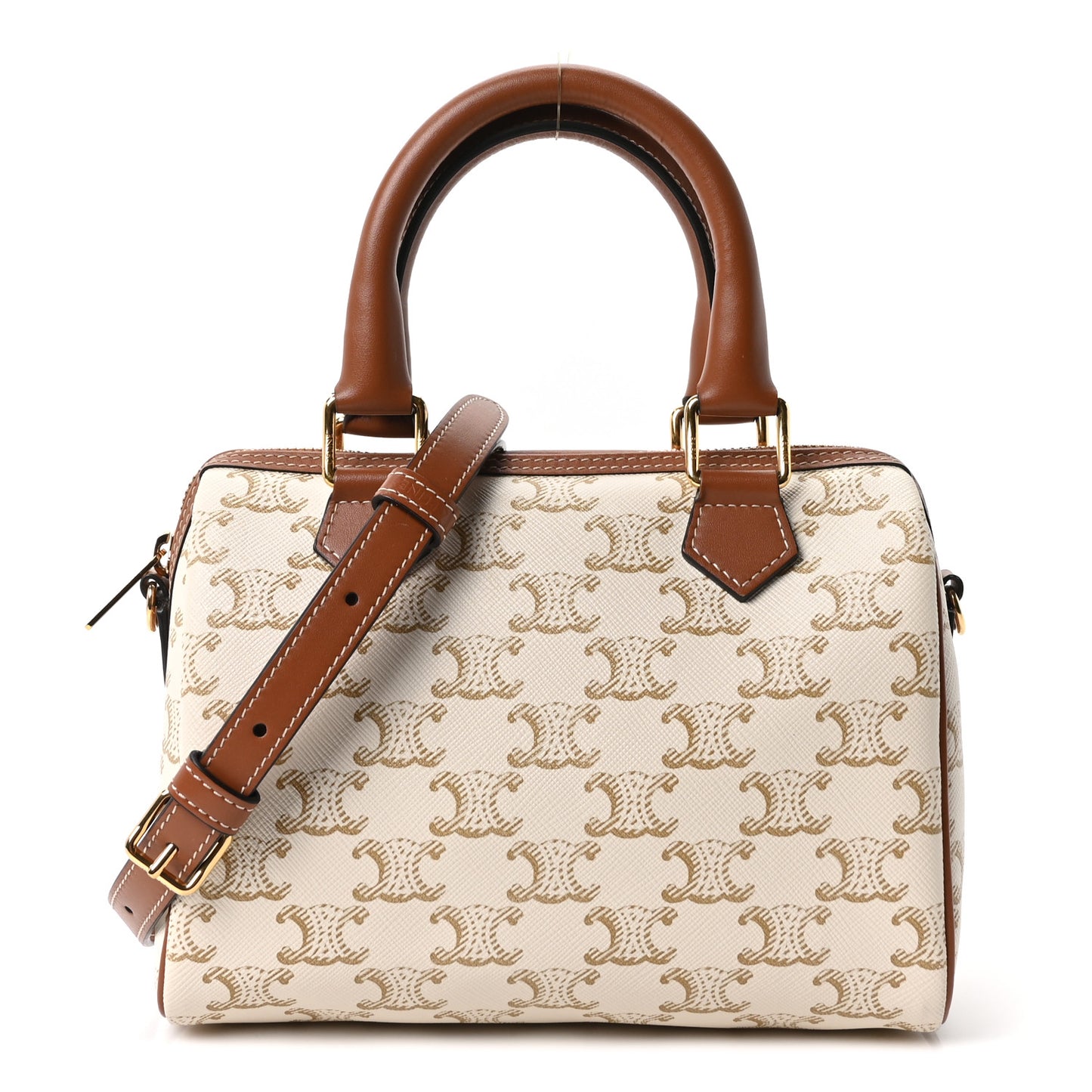 Triomphe Canvas Calfskin Small Boston Bag White