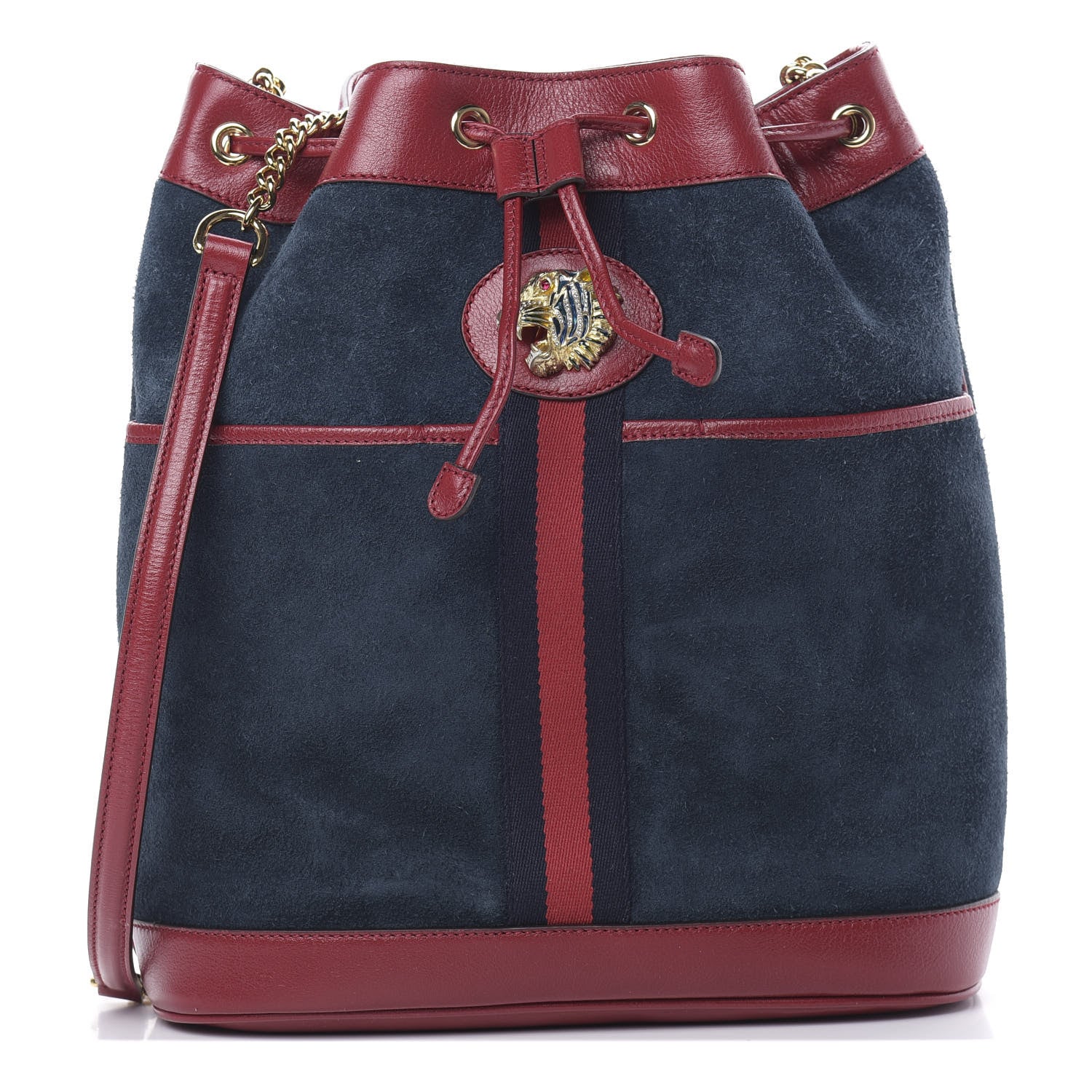 Gucci Suede Calfskin Web Medium Rajah Bucket Bag New Blue Romantic Cherry 1 of 11