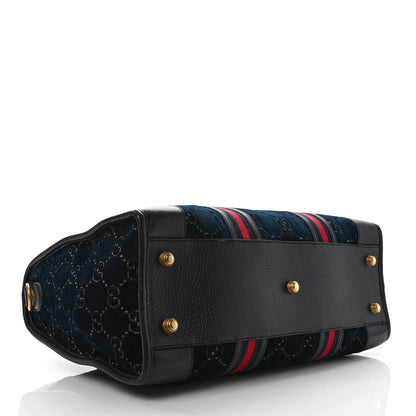 Gucci Velvet GG Monogram Textured Calfskin Web Medium Duffle Bag Blue Beige Black 4 of 11