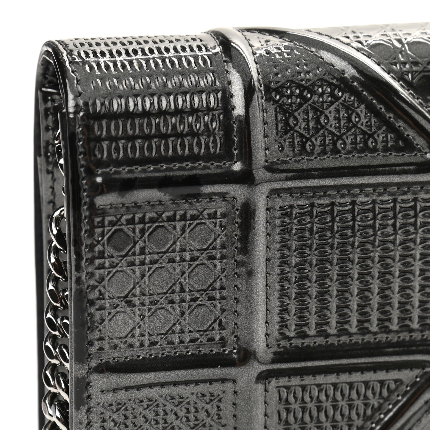 Metallic Patent Micro-Cannage Diorama Wallet on Chain Pouch Onyx Black